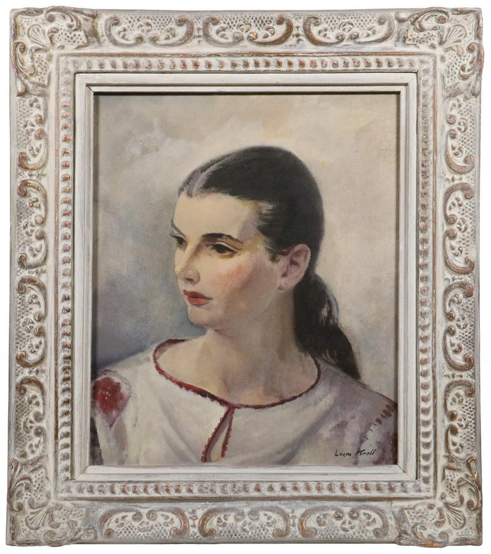 LEON KROLL (NY/MEXICO/EUROPE, 1884-1974): Portrait of a Woman with Black Hair, in a bohemian blouse, oil on masonite, signed lower right, housed in a pickled gesso frame, OS: 24 1/2" x 21 1/2", SS: 17 1/2" x 14 1/2". Very good condition.