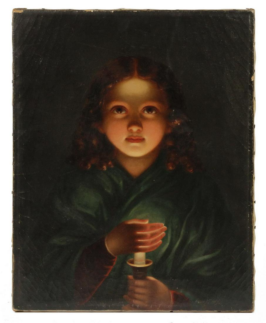 JOHANN MONGELS CULVERHOUSE (NY/NETHERLANDS,: The Chamberstick, oil on canvas, unsigned, depicting a young girl lit in darkness by the candle she is holding, unframed, 16 1/2" x 13 1/2". Fine craquelure.