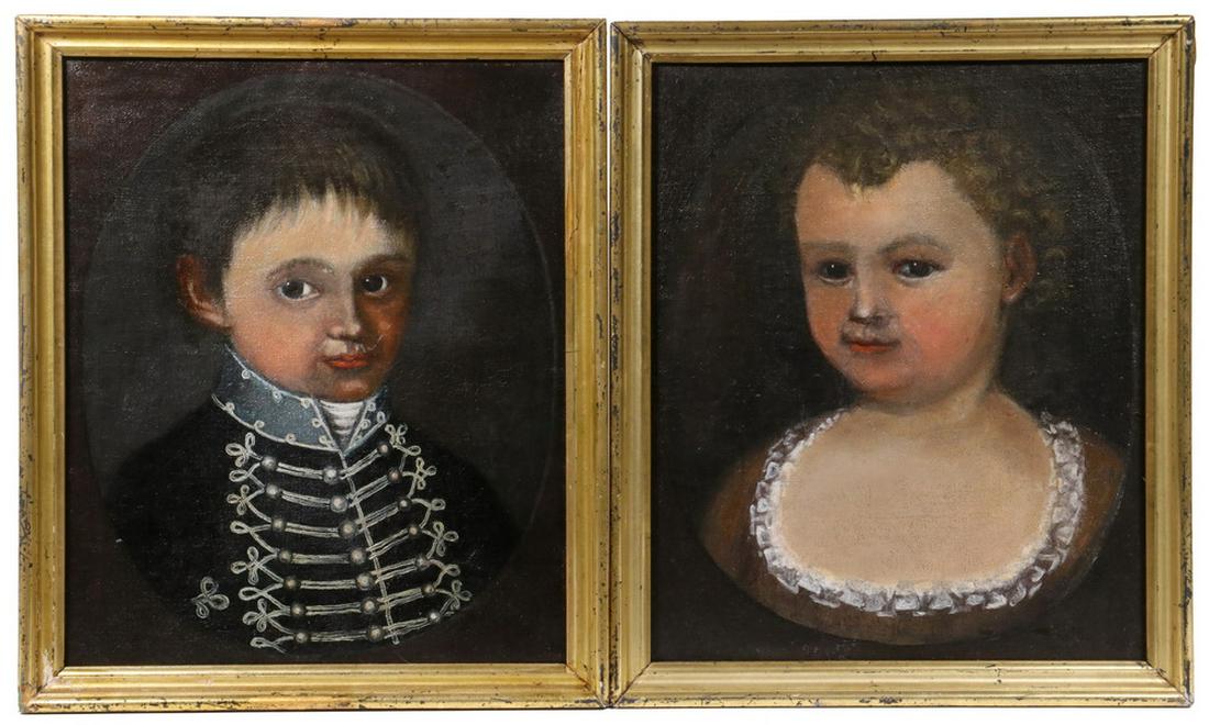 PR OF AMERICAN ITINERANT PORTRAITS: Circa 1830 Matched Naive Bust Portraits of Brother and Sister, New England, oil on canvas, unsigned, he is wearing a military jacket, she is in a bodice with low lace ruffled neckline, with black oval