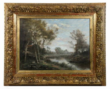 JEAN-BAPTISTE-CAMILLE COROT (FRANCE, ITALY, 1796-1875): "Along the River", oil on cradled panel, signed lower left, a typical Barbizon landscape with a single figure in a punt, housed in what may be the original magnificent gilt gesso frame, 28" x 34 1/2",