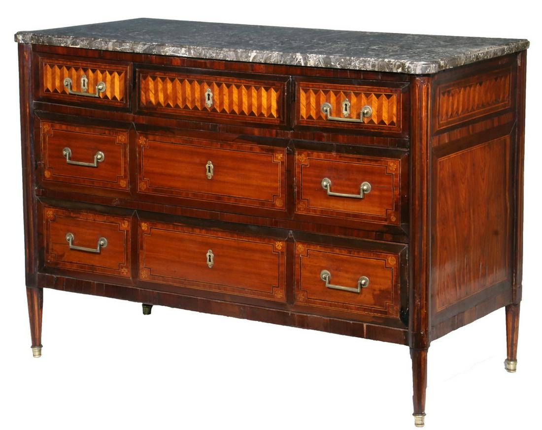 ITALIAN MARBLE TOP COMMODE: Late 19th c. Italian Neoclassical Marble Top Parquetry Inlaid Walnut Commode, with variegated black and white marble top, front flanked by inlaid quarter column supports, three top drawers over two fu
