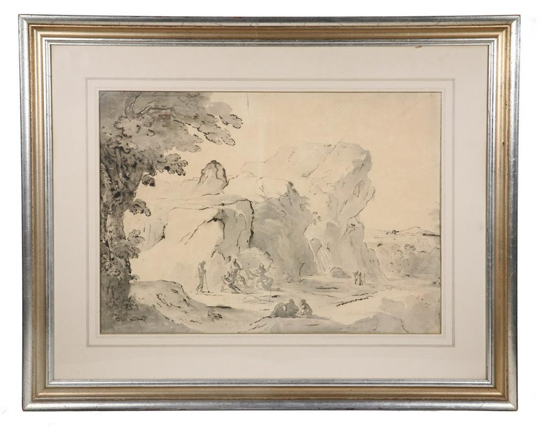 ANTONIO BASOLI (ITALY, 1774-1848): Travelers in a Mountainous Landscape, a monochromatic study in brush and ink, name inscribed on back of paper "Ant. Basoli di Bologna", in a gold and silver molded frame, French-lined mat, glazed, OS: