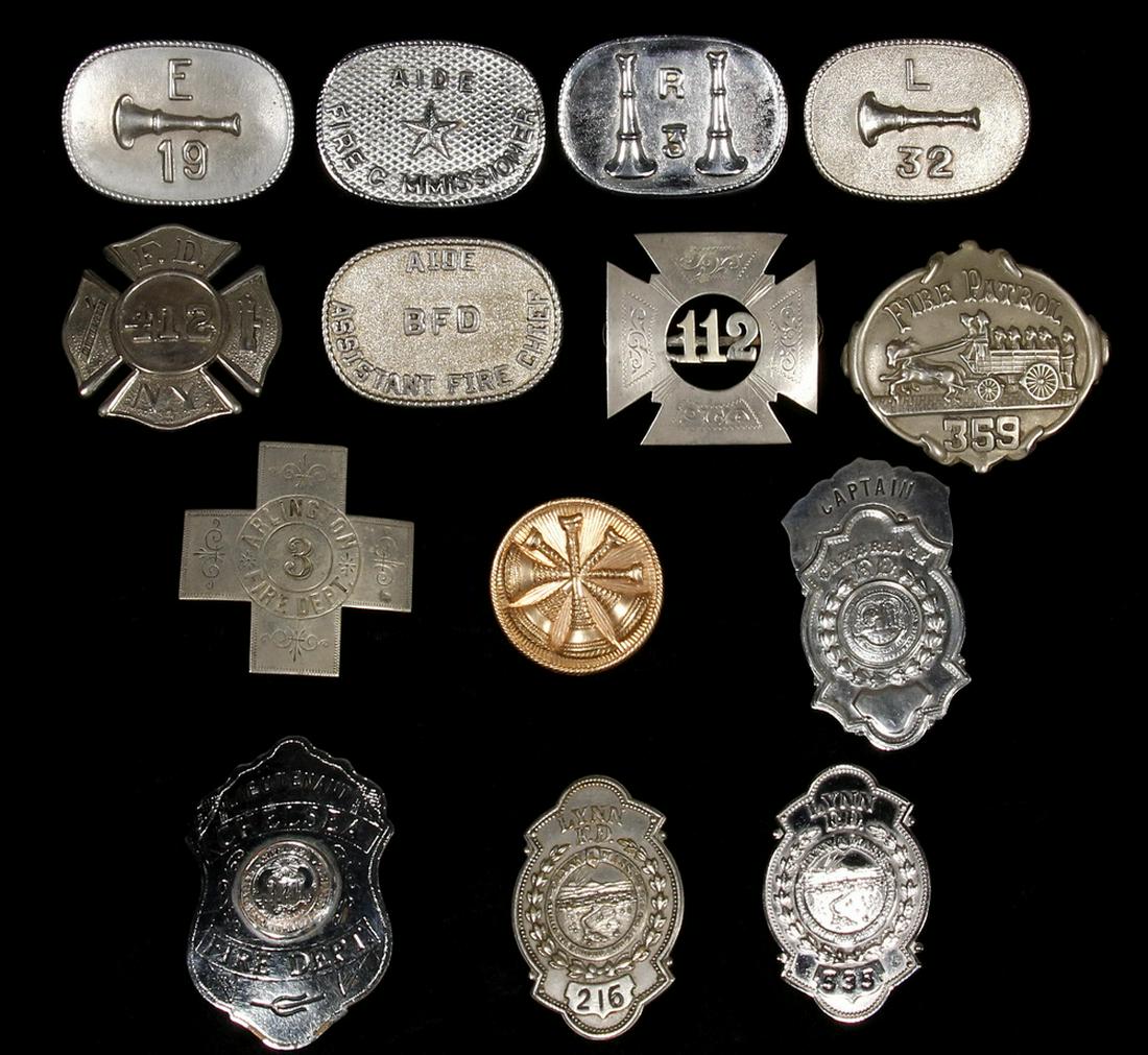 (14) OBSOLETE FIREMEN'S BADGES: Including: 19th c. "Fire Patrol" Shield by C.G. Braxman Co., NY; Arlington Co. 3 Hat Badge by C.A. Twitchell & Co. of Boston; Maltese Cross "112" Hat Badge, engraved; FDNY Hat Badge; Lieutenant, Chels