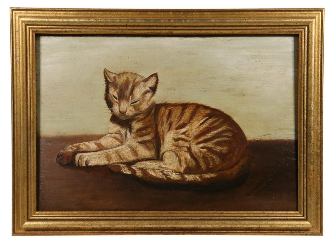 TABBY CAT PAINTING: Sleeping Tabby Kitten, oil on panel, signed 'G. Garrett' lower left and dated 'December 21, 1922', naive image of a dozing striped cat, in a gilded wooden frame, OS: 13 1/2" x 18 1/2", SS: 10 1/2" x 1