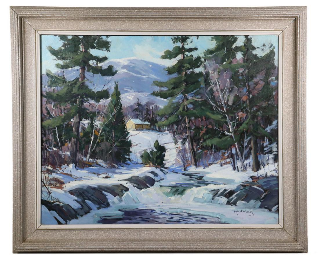 ROBERT WESSON (VT/MA, 1902-1967): "Mt. Washington from Pinkham Notch", oil on canvas, signed lower right and dated '63, titled verso, housed in a grey spattered ribbed cove frame with cream liner, OS: 31" x 37", SS: 24" x 30". Good co