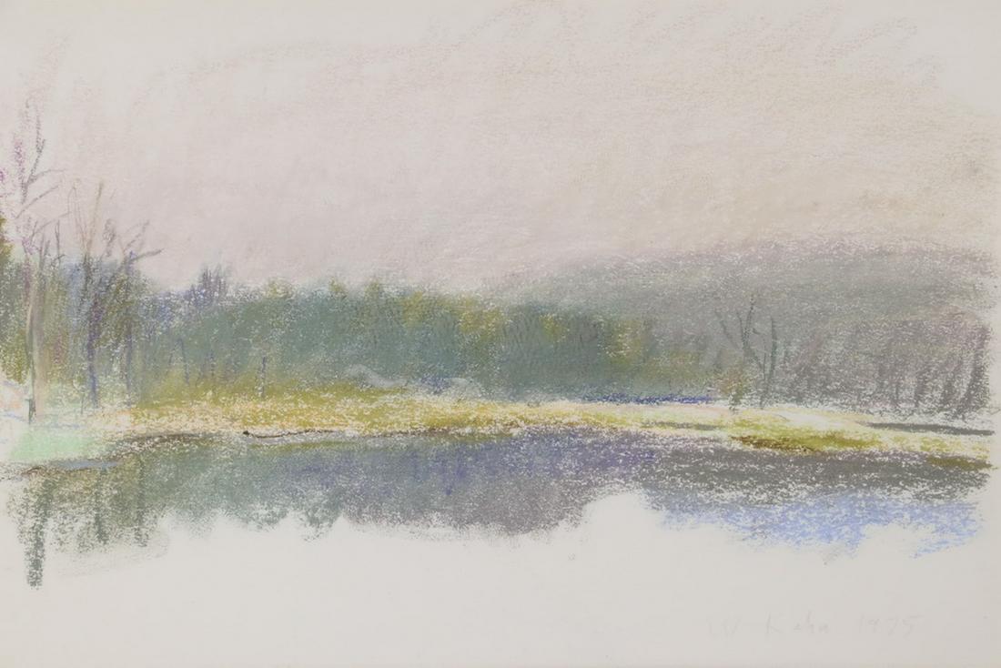 WOLF KAHN (NY/VT/GERMANY, 1927 - ): "Beaver Pond", pastel on paper, signed lower right and dated 1975, title on label verso from Grace Borgenicht Gallery, 1018 Madison Avenue, NY, (1953-1996), having the original price of $450. Housed i