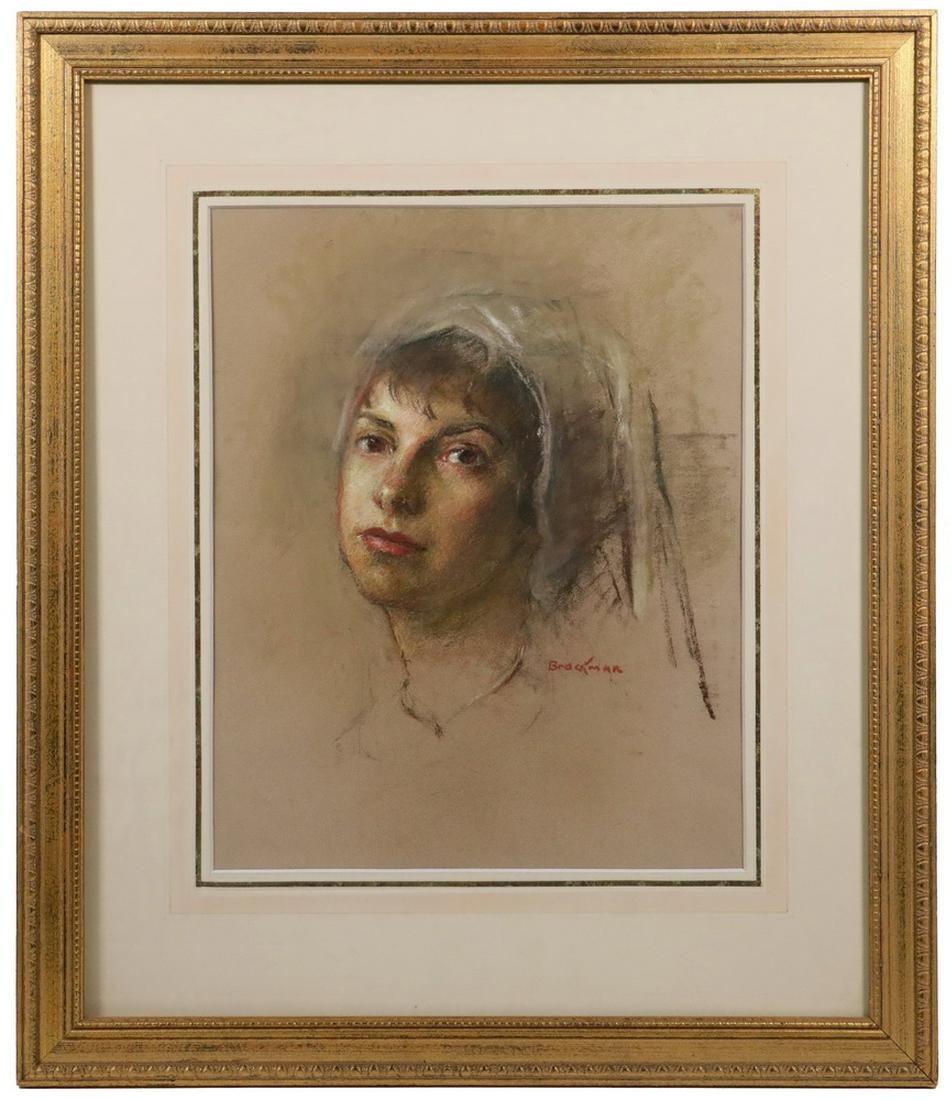 ROBERT BRACKMAN (NY/CT, 1898-1980): Portrait of a Young Woman in a Confirmation Veil, pastel on grey paper, signed center right, in a gold molded frame, French-lined mat, glazed, OS: 24" x 20 1/2", SS: 15" x 12". Fine condition.