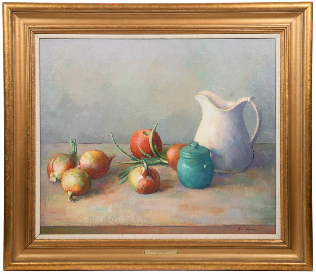 ROBERT BRACKMAN (NY/CT, 1898-1980): Still life with Pitcher, Molasses Pot and Onions, oil on canvas, signed lower right, in gold molded frame with linen liner, name tag, OS: 26 1/2" x 30 1/2", SS: 19 1/2" x 23 1/2". Fine craquelure.