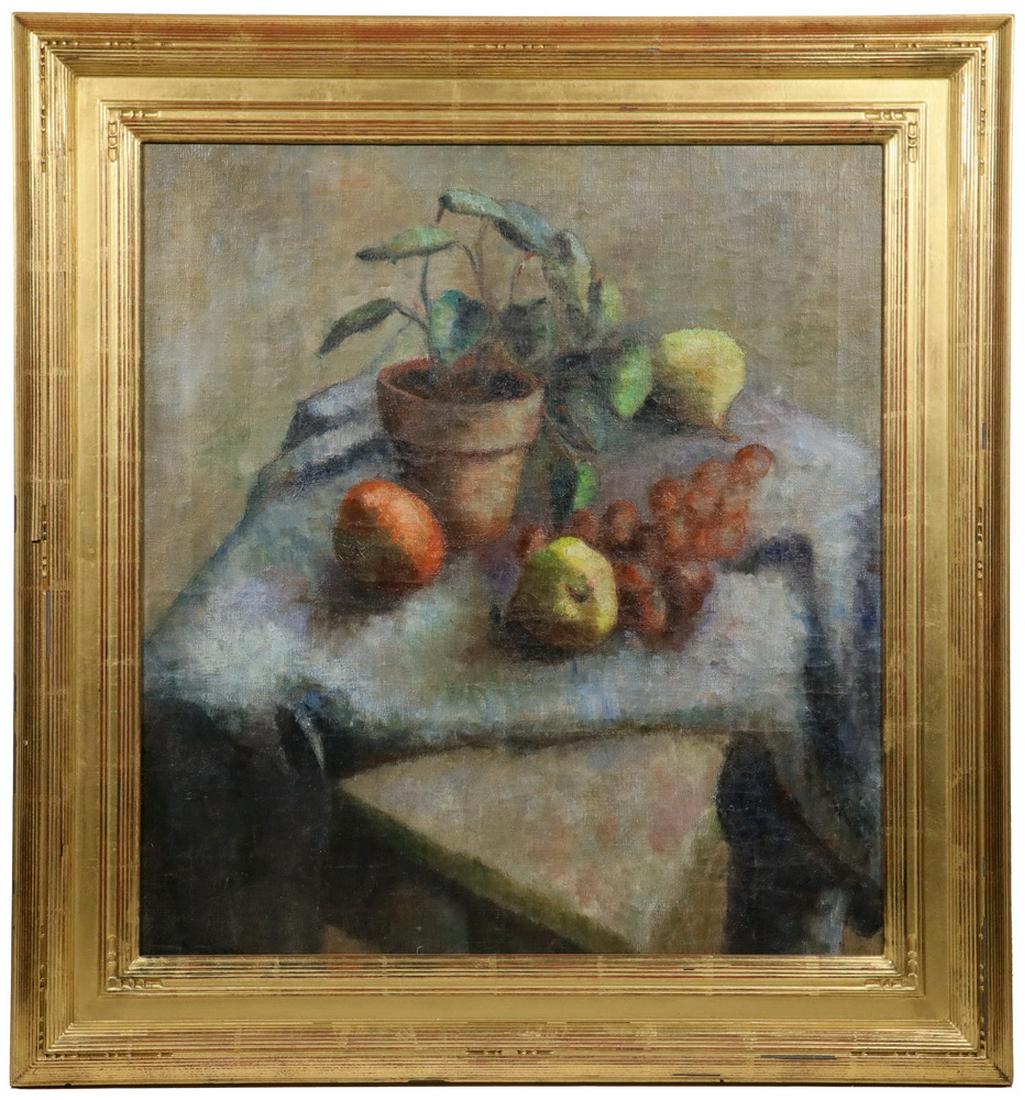 ROBERT BRACKMAN (NY/CT, 1898-1980) (ATTRIBUTED): Tabletop Still Life with Flowerpot and Fruit on a grey blanket, oil on canvas, unsigned, in gold Arts & Crafts style molded frame, OS: 31" x 29", SS: 23 1/2" x 21 1/2". Repaired punctures at bottom, o