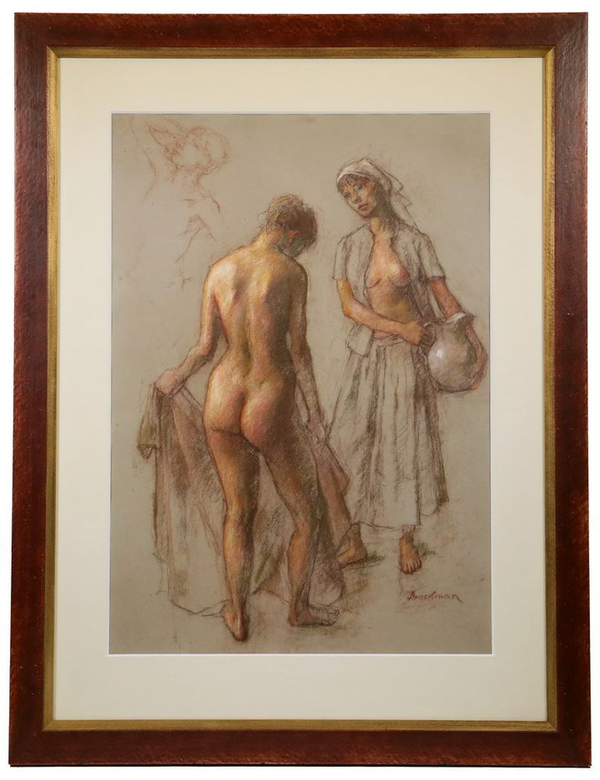 ROBERT BRACKMAN (NY/CT, 1898-1980): Preparing the Bath, pastel on grey paper, signed lower right, depicting one woman disrobing while another stands by with a pitcher, a third figure is sketched upper left, housed in a russet painted pa