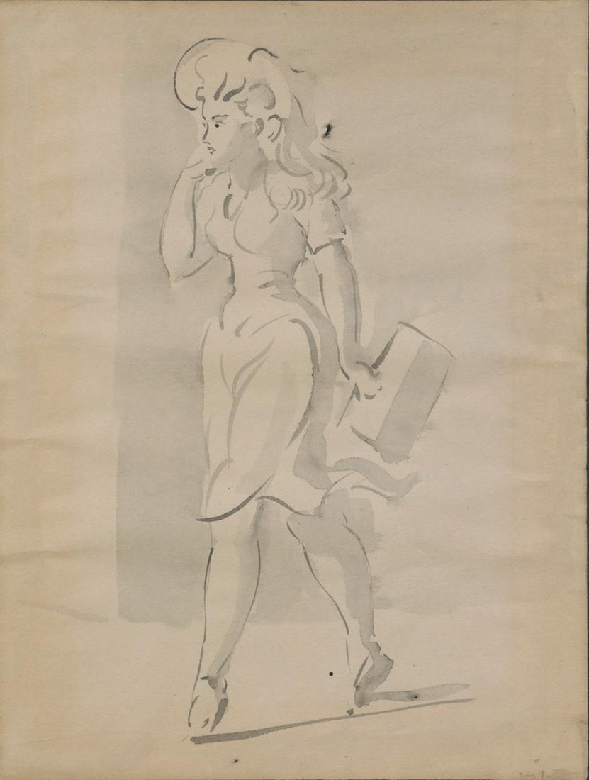 REGINALD MARSH (NY/VT, 1898-1954): "Marsh Girl", brush and ink on paper, in modern stick frame, matted under non-glare glass, OS: 17 1/4" x 14 1/4", SS: 12" x 8 1/2". Rippled and toned. Not examined out of frame.