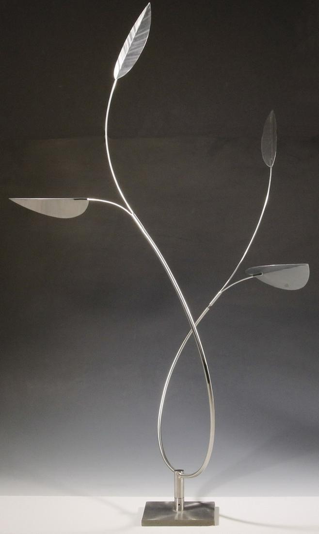 GEORGE SHERWOOD (CT/MA, 1954 - ) (ATTRIBUTED): "Wind Orchid" series, stainless steel kinetic sculpture, unsigned, consisting of two two-leaf branches spinning on a balanced rotating trunk, mounted to a weighted square platform base. Roughly 38" x