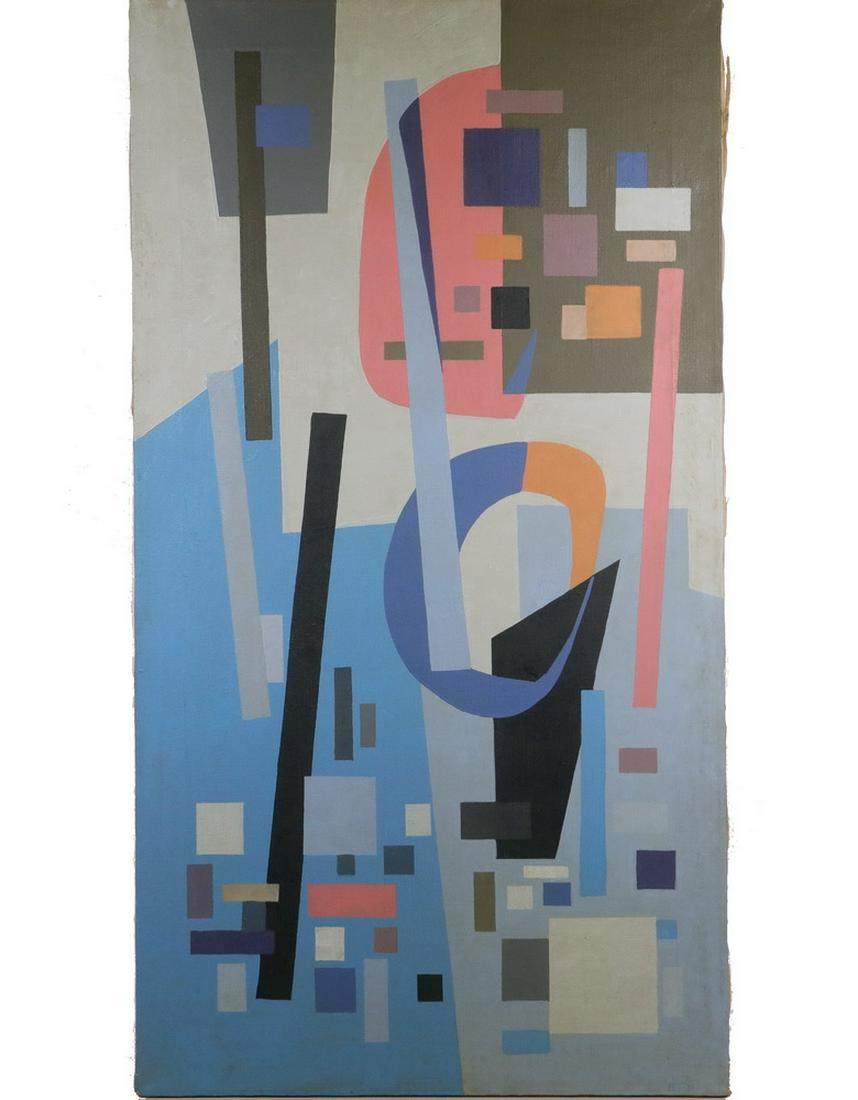 ALICE TRUMBULL MASON (NY/CT, 1904-1971): Abstract in Blues, Pinks and Orange, oil on canvas, circa 1960, initialed lower right "ATM", signed in pencil on stretcher, unframed, 34 1/2" x 19". Good condition.