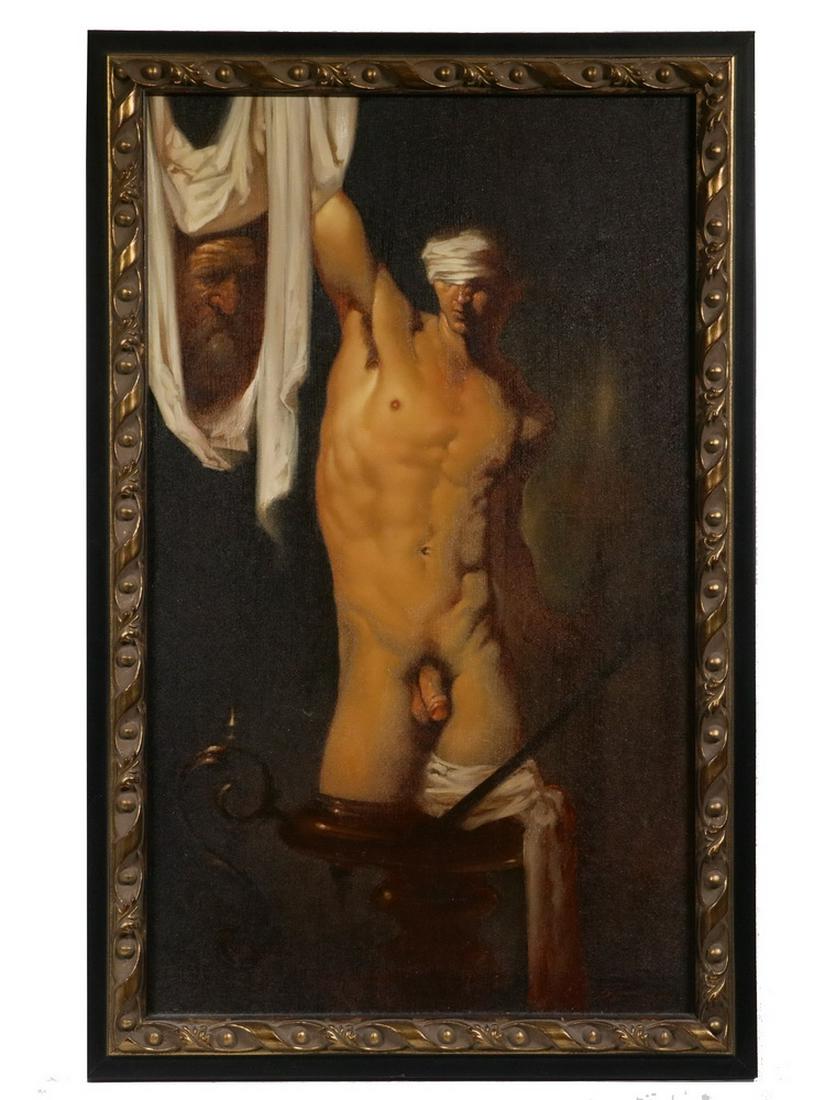ROBERTO FERRI (ITALY, 1978 - ): Wasted Youth, a nude allegorical, oil on canvas, signed lower right, in black and gold frame, OS: 22" x 14", SS: 19 1/2" x 11 1/2". Fine condition.