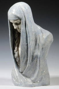 MARCEL GUILLARD (FRANCE, 1896-?) CERAMIC BUST, AFTER: Circa 1915 Pre-Raphaelite Beauty Symbolist Bust, glazed stoneware sculpture, by ceramist Marcel Guillard based on an original bronze work by Claire Colinet, produced under the auspices of Editions Etl