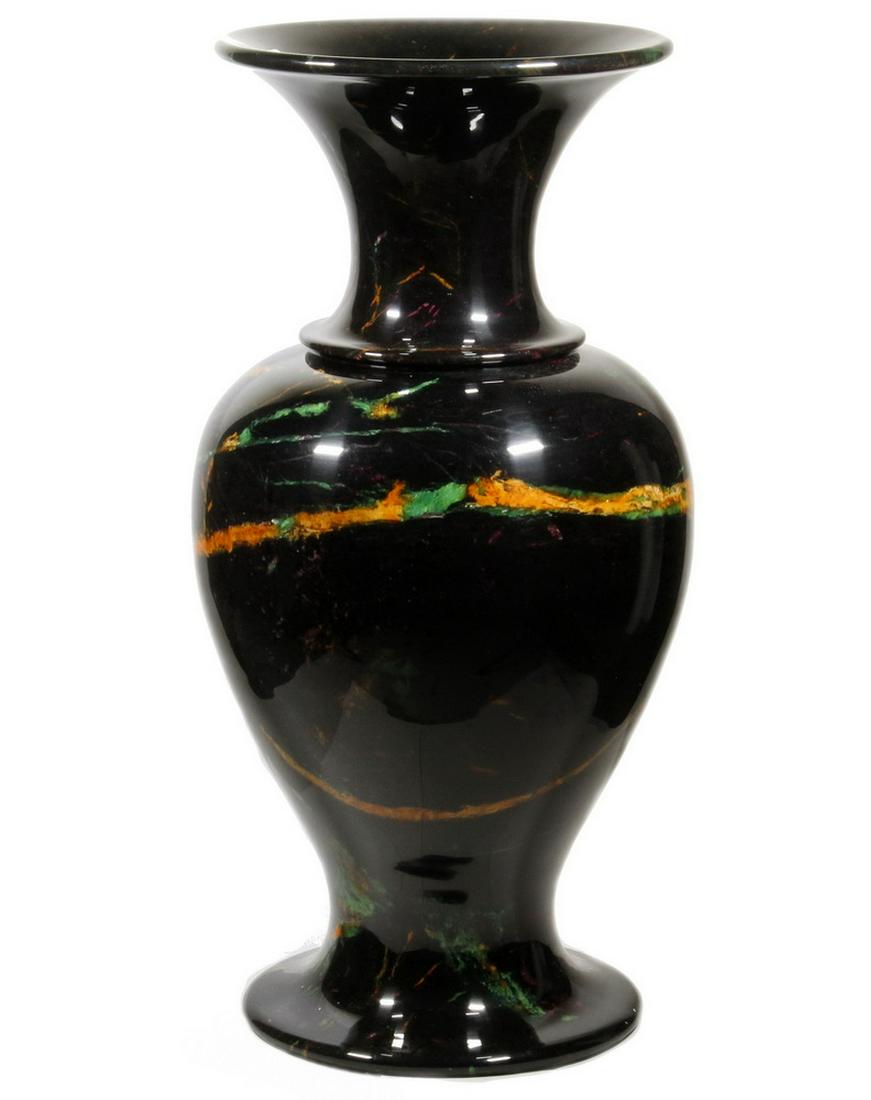 HUGE FLOOR STANDING VASE: Large Taiwanese Seven Colors Carved Stone Floor Vase, with felted base, with flared rim and foot, carved from a block of stone, polished, glazed with acrylic and heated to enhance the color, 36" high,