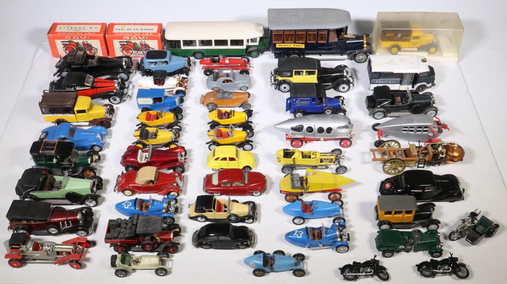 COLLECTION OF APPROX (60) MINIATURE ANTIQUE AUTOMOBILES: Mostly European Makes, ca. 1900-1930, made by Solado, RIO, Rami, Irwin, Eligat, Tekno, Corgi, Meccano, Diano, Lesney, others. Good condition.