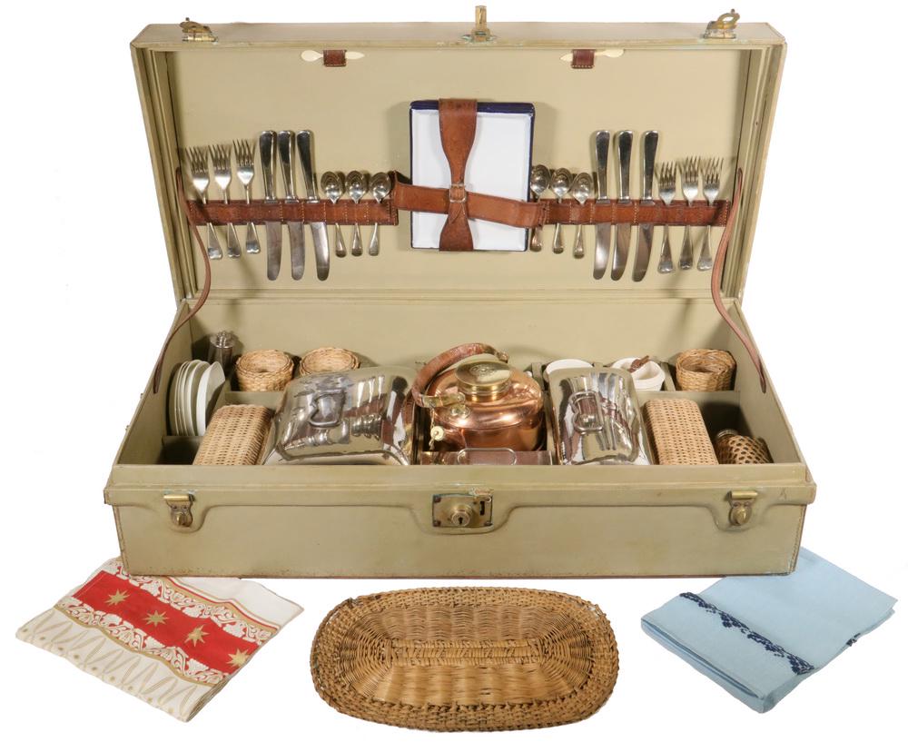EDWARDIAN PICNIC SET: Early 20th c. English Picnic Set in Fitted Case, service for six, in fitted carry case with brass side handles and hardware, with original key, includes a fitted copper kettle and burner, wicker trive