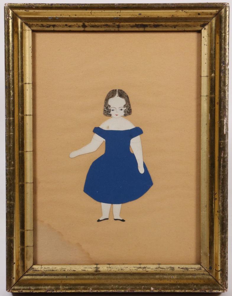 19TH C. FOLK ART SCHOOLGIRL PORTRAIT: Cut Paper and Ink Portrait of a Young Girl in a Blue Dress, circa 1840, in a lemon gold frame, 8 1/2" x 6 1/2". Water stain to lower left corner.