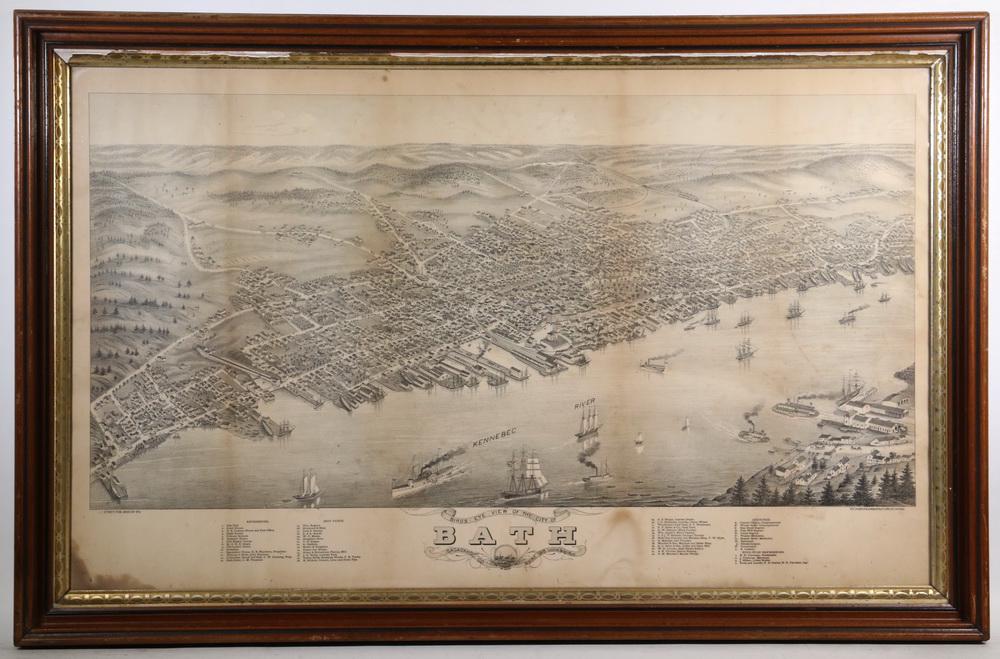 FRAMED LITHOGRAPHIC VIEW OF BATH, MAINE: "Bird's Eye View of the City of Bath, Sagadahoc Co., Maine, 1878, Looking North West", J.J. Stoner, Publ. Madison, Wis. The Shober & Carqueville Litho Co., Chicago. In the original red walnut frame, w