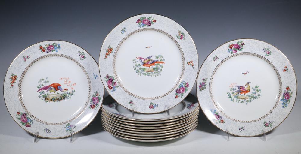 (12) BOOTH'S CHINA PLATES: Set of (12) Early 20th c. English China Dinner Plates by Booth's, pattern #9571 'Silicon China', with central bird decoration and floral rims, 10 1/2" diam. All with crazing.