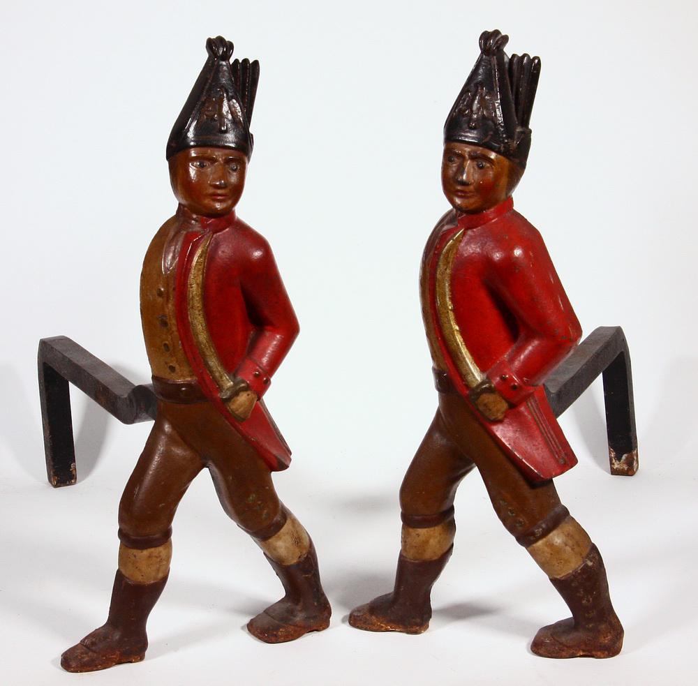 PR HESSIAN SOLDIER ANDIRONS: Pair of 19th c. Polychrome Painted Cast Iron Hessian Soldier Andirons, with iron log holders, 20" high, 9 1/4" x 19". Paint losses, minor surface rust.