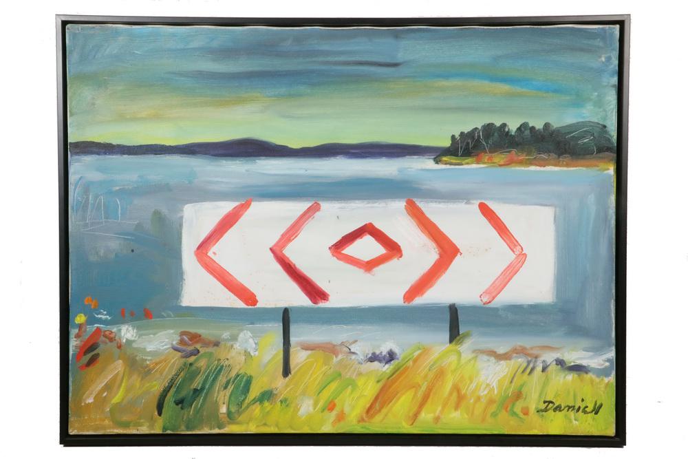 GEORGE DANIELL (NY, 1911-2002): "Road Sign", oil on canvas, signed lower right, in black slat shadowline frame, OS: 18 3/4" x 24 3/4", SS: 18" x 24". Good condition.