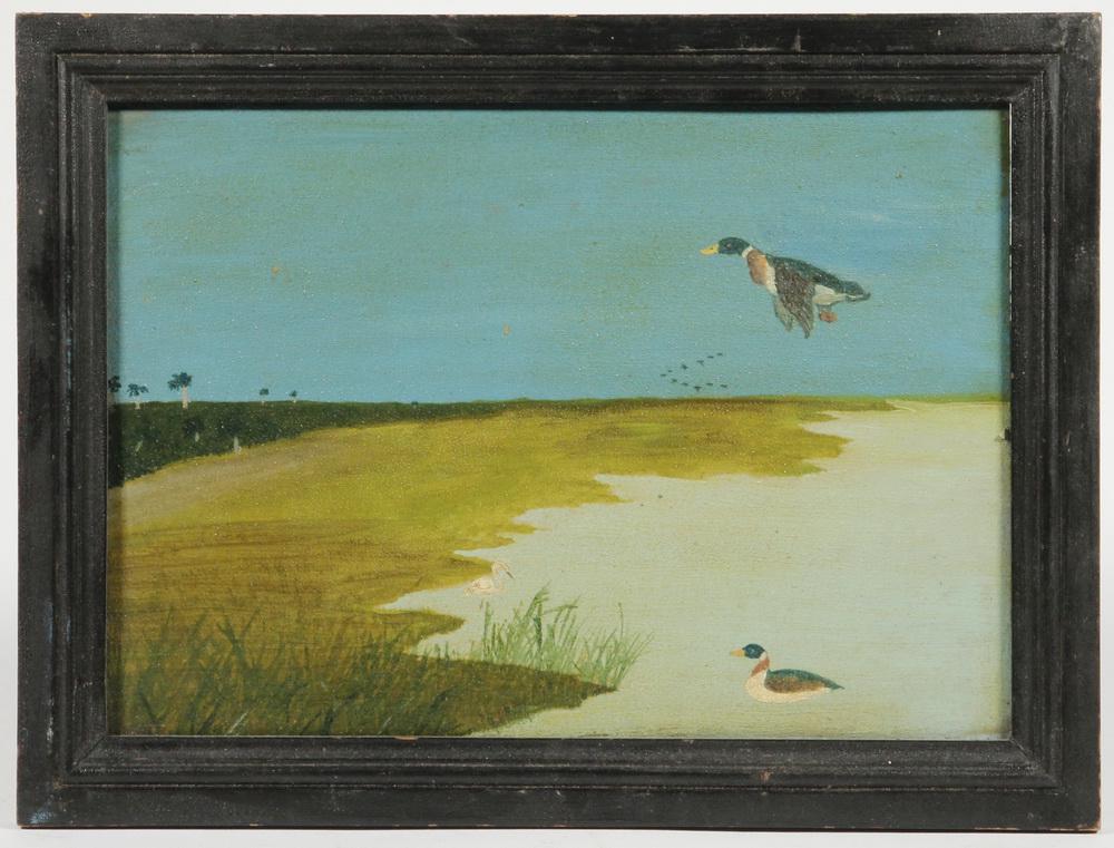 FOLK ART PAINTING: Mallard Ducks, one in flight, one in water, oil on board, unsigned, circa 1900, in the original walnut frame, OS: 10 1/2" x 14", SS: 8 1/4" x 11 3/4". Good condition.