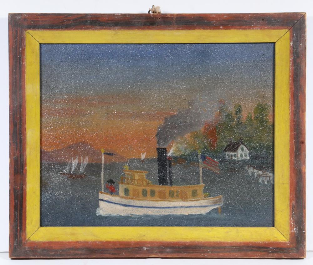 FOLK ART MARINE PAINTING: Portrait of a Tug or Pilot Boat, oil on sanded board, depicted near shore with cottage, one figure in bow, in grain painted frame with ochre painted liner, OS: 10" x 12", SS: 7 1/2" x 9 1/2". Good con