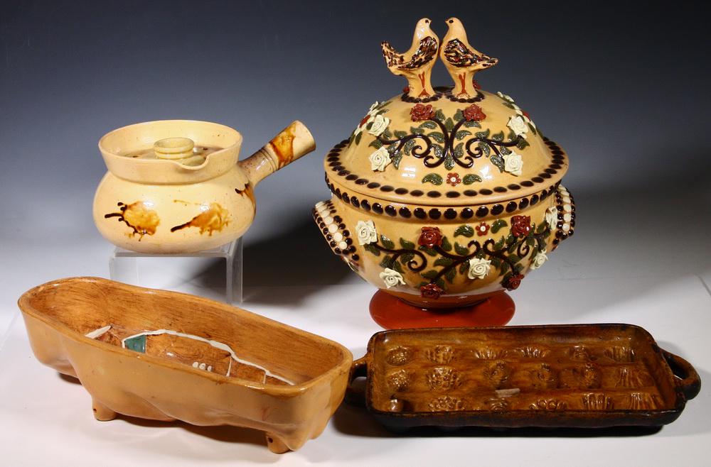 (5) GLAZED POTTERY SERVING PIECES: Collection of (5) Pieces of Hand Crafted Glazed Pottery, including: Spectacular lidded pottery tureen by Poterie Friedmann, Souffleheim, France, 20th c., with side handles, applied rosettes, beaded de