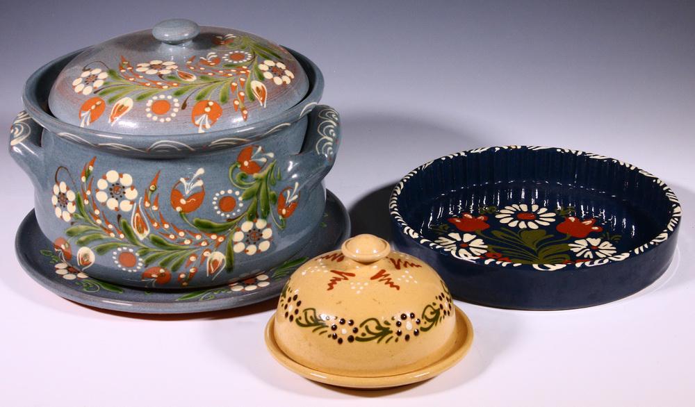 (4) FRENCH ALSATIAN POTTERY SERVING DISHES: Group of (4) Pieces of Hand Crafted and Glazed Terre de Soufflenheim Pottery Serving Dishes, including: Poterie Michel Streissel large rounded lidded casserole dish with side handles, light blue glaze