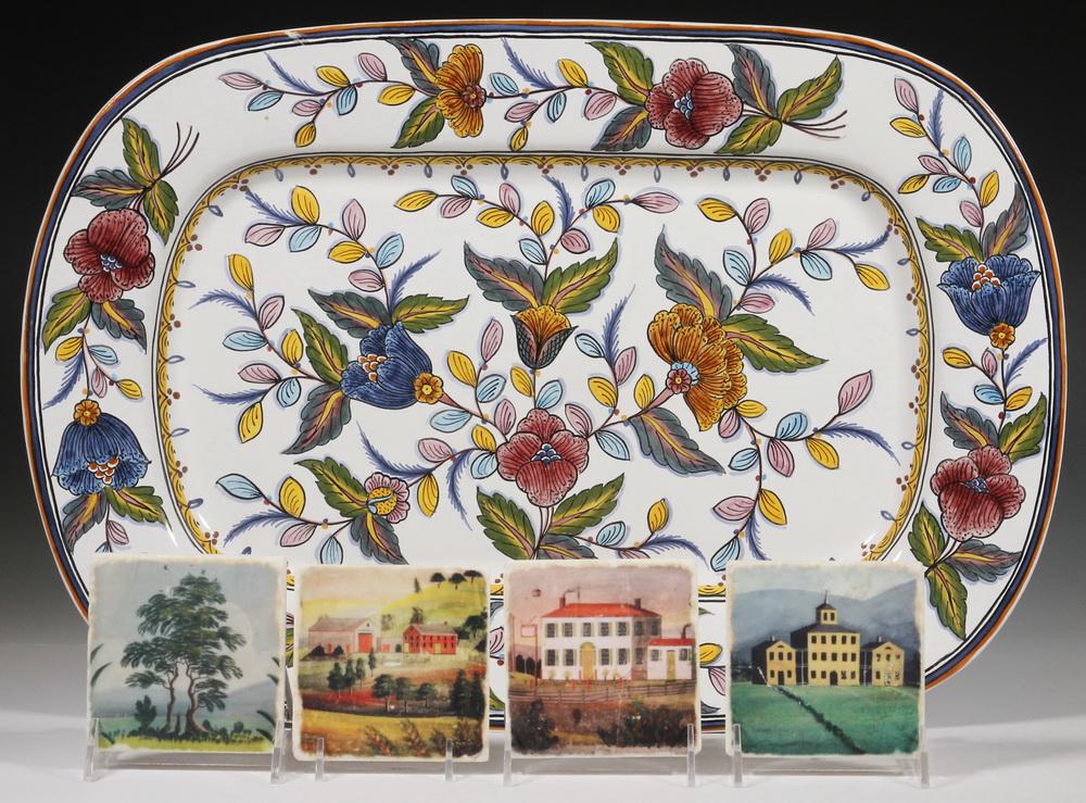 SERVING PLATTER & (4) COASTERS: (5) Piece Ceramics Lot, including: Large serving platter by IDG (International Design Group) with hand painted floral decoration, hand painted 'IDG' mark on base, 22" x 15"; and a set of (4) Square co