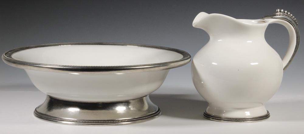 (2 PCS) ARTE ITALICA PERLINA PITCHER & BOWL: (2) Pieces of Italian Hand Crafted Ceramic and Pewter Table Accessories, including: Perlina Grande pitcher, pewter mounted white ceramic jug, with beaded rim, 8 1/4" high, 9" x 7"; and Perlina large s