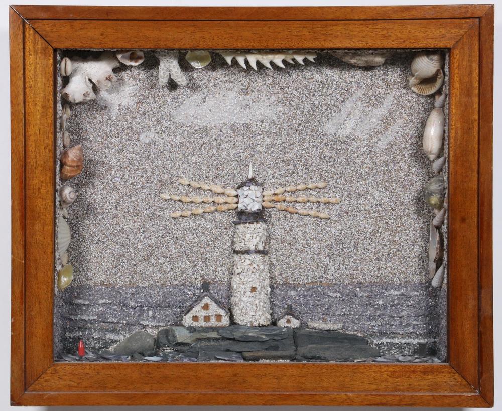 SHELL SHADOWBOX: 20th c. View of a Lighthouse, in mahogany frame, 15" x 7 3/4" x 10 1/2". Good condition.