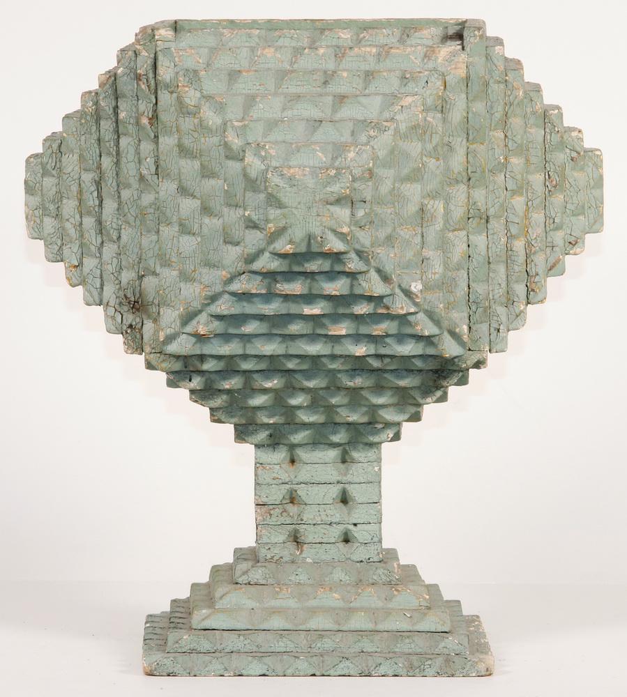 GREEN PAINTED TRAMP ART PLANTER: Circa 1920s Painted Tramp Art Footed Planter, square shape with stepped sides and base, original green painted surface, purportedly made from dynamite crates during the construction of the Hoover Dam,