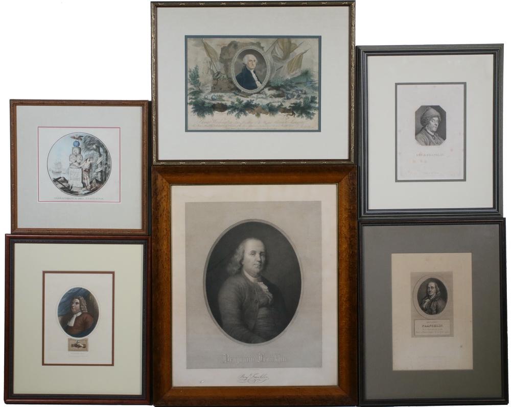 (6) FRAMED EARLY PORTRAIT PRINTS OF WASHINGTON,: Including: "Benjamin Franklin" by A. Krausse, engraving, in bird's-eye maple mitered frame, glazed, OS: 20" x 17", SS: 16 1/2" x 13 1/2", light water staining; PLUS "George Washington, Late President 