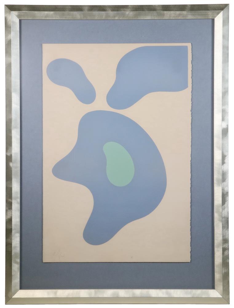 JEAN HANS ARP (FRANCE/SWITZERLAND, 1886-1966): "Constellation", color lithograph, pencil signed lower left, marked '22/30' lower right, depicting abstract shapes in blue and green, in a rubbed silver painted wooden frame, mounted on blue matboard 