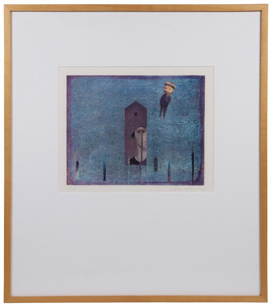 ALAN MAGEE (ME/PA, 1947- ): "Going Over", color laser print on rag paper, 1988, #1/20, pencil signed lower right, abstract image with figures and geometric forms, in a wooden frame with cream colored mat, OS: 21 1/4" x 18 3/4",