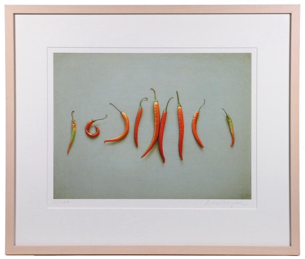 ALAN MAGEE (ME/PA, 1947 - ): "Chili Peppers", archival inkjet, pencil signed and numbered 7/150, label from Huston-Tuttle Gallery of Rockland, Maine verso, in bleached maple box frame, matted under UV glass, OS: 18" x 21 1/2", im