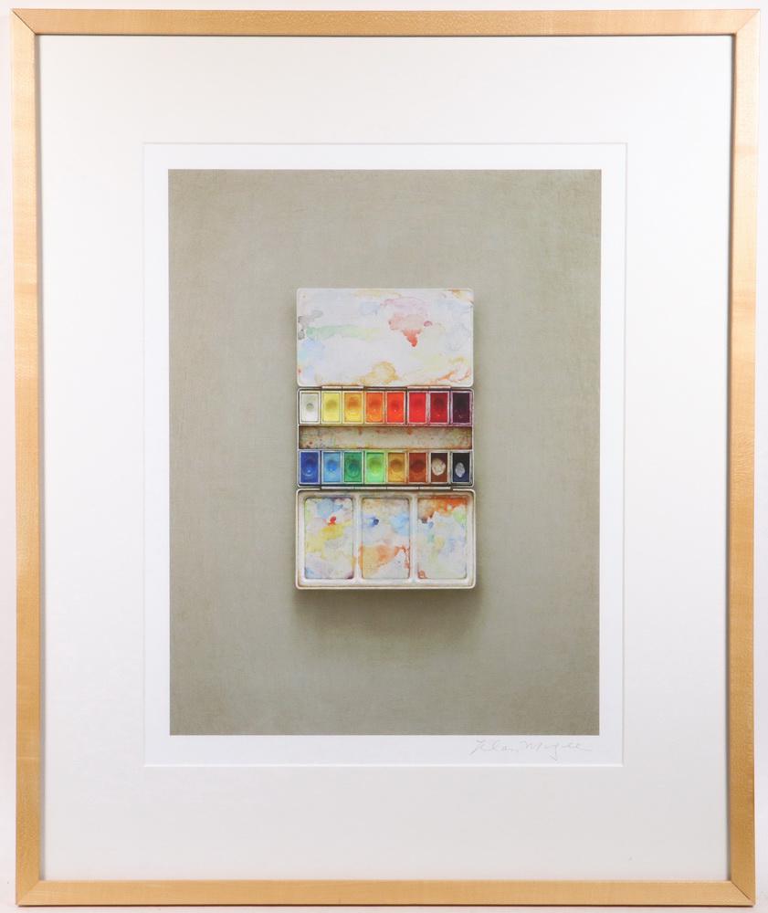 ALAN MAGEE (ME/PA, 1947 - ): "Paintbox, Triptych", archival inkjet, pencil signed, label from Huston-Tuttle Gallery of Rockland, Maine verso, in maple box frame, matted under UV glass, OS: 23 1/2" x 19 1/2", image size: 15" x 11