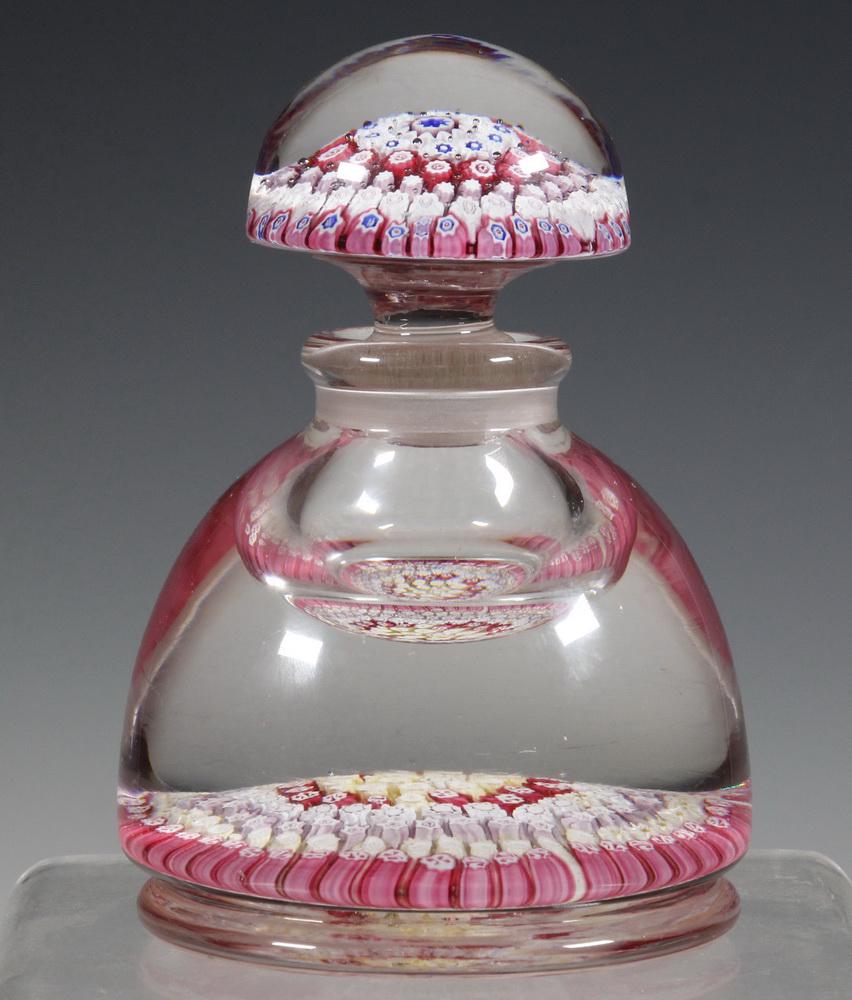 MILLEFIORI GLASS PAPERWEIGHT BOTTLE: English Art Glass Paperweight Inkwell Bottle, probably by Arculus or Walsh-Walsh, with concentric pattern canes in shades of pink, yellow, lavender, fuchsia, white inside stopper and base, mushroom sh