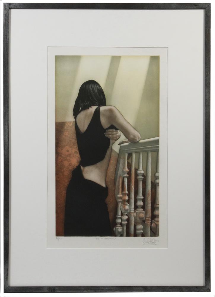 WILLI KISSMER (GERMANY, 1951 - ): "Im Trepponhaus" (On the Stairs), color mezzotint, pencil signed, titled and numbered 89/750, in black box frame, matted and glazed, OS: 25 1/2" x 18 1/2", image size: 16" x 9 1/4". Fine condition.