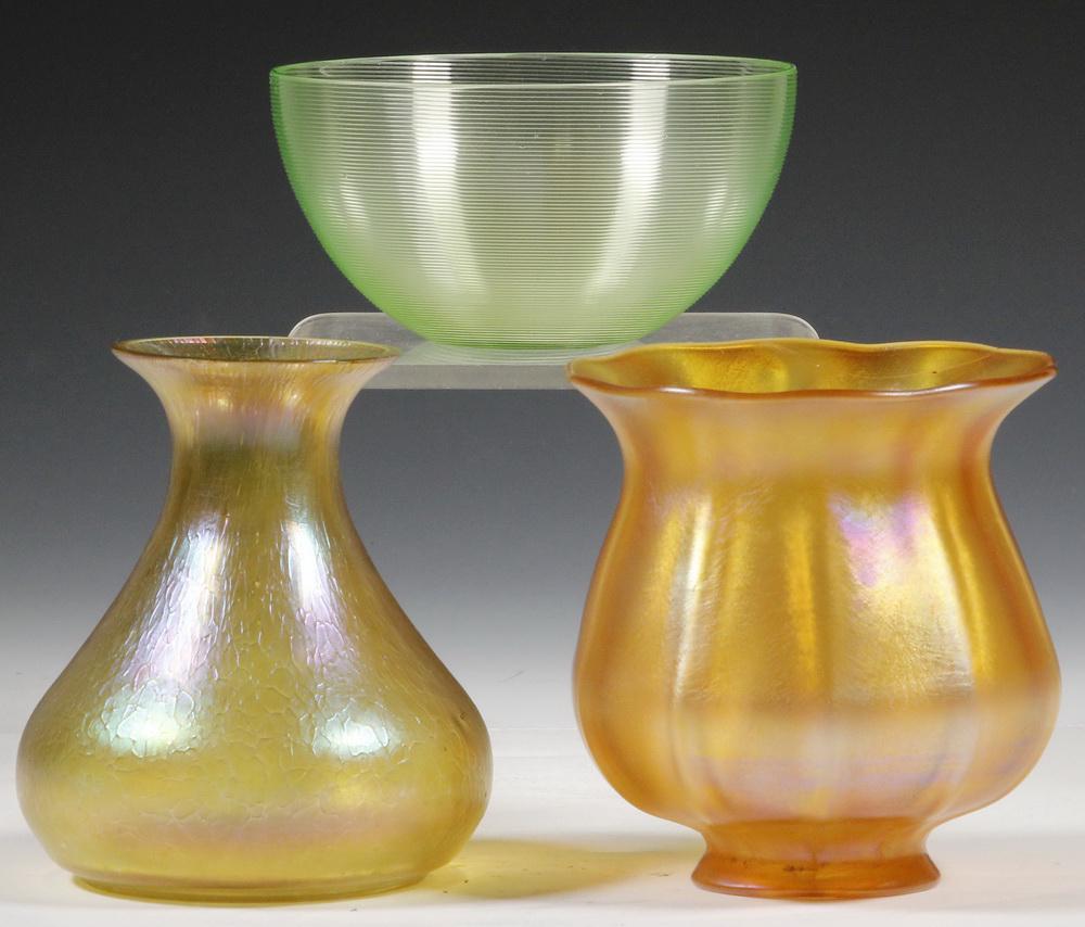 (3 PCS) ART GLASS: Group of (3) Pieces of Assorted Art Glass, including: Iridescent gold low vase with flared rim and bulbous vase, unsigned, 4 5/8" high, 3 7/8" diam., good condition; Pale green bowl, exterior surface