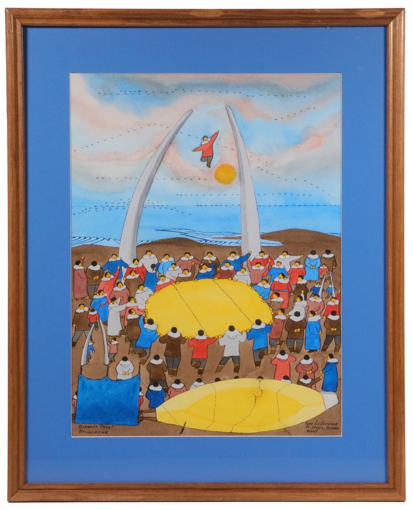 KEN LISBOURNE (AK, 1950-2017) INUPIAQ ESKIMO: "Blanket Toss! Nalukatuk", watercolor and ink on paper, signed lower right, marked "Pt. Hope, Alaska", dated 2005, titled lower left, original Kokopelli Gallery of Moab, Utah label verso with a price 
