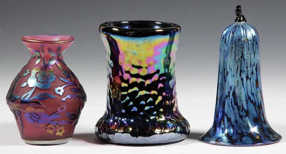 (3 PCS) IRIDESCENT ART GLASS: Group of (3) Pieces of Hand Crafted Art Glass, including: Deep purple iridescent vase, hammered texture surface with flared rim and base, unsigned, 3 1/2" high, 3" diam.; Gibson vaseline cameo carved 