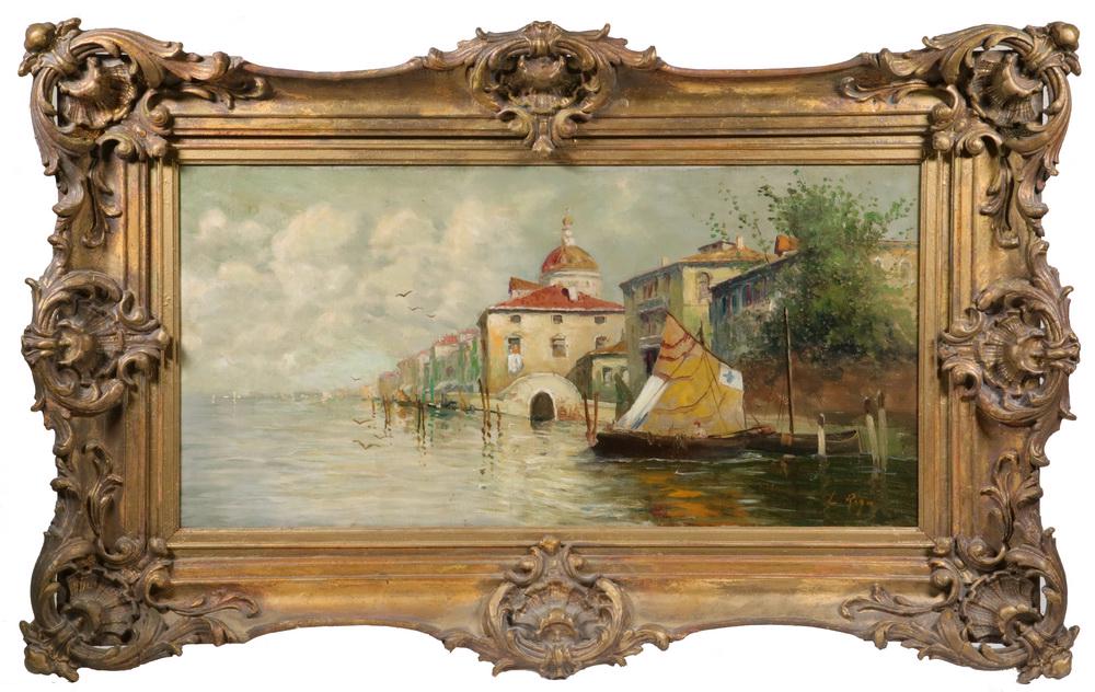 GRAND TOUR PAINTING OF VENICE: Villas on the Grand Canal, oil on canvas, illegibly signed lower right "L. Riza" (?), circa 1890, in the original ornate reticulated gold gesso frame, OS: 20" x 32", SS: 11 1/2" x 23 1/2". Cleaned and