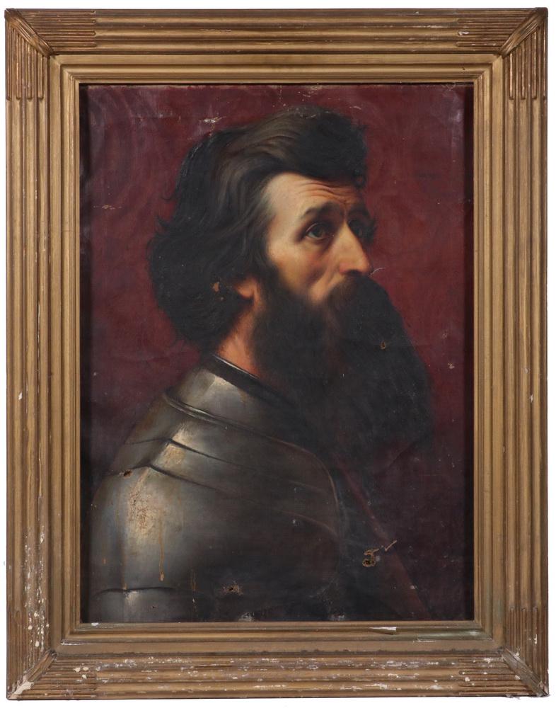 EARLY MALE PORTRAIT: 19th c. Profile Portrait of a Bearded Man in Armor, oil on canvas, unsigned, depicted with dark wavy hair on a red background, tag on back says 'Maine house gallery chamber', in a gold painted molded 