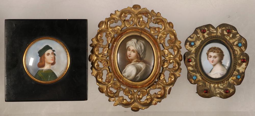 (3) FRAMED MINIATURE PORTRAITS: All 19th c., including: Self-Portrait of Raphael, oil, in black lacquer panel frame, under domed glass with gilt bezel, OS: 5 1/8" square, SS: 2 5/8" diam.; PLUS Copy of Portrait of Beatrice Cenci by 