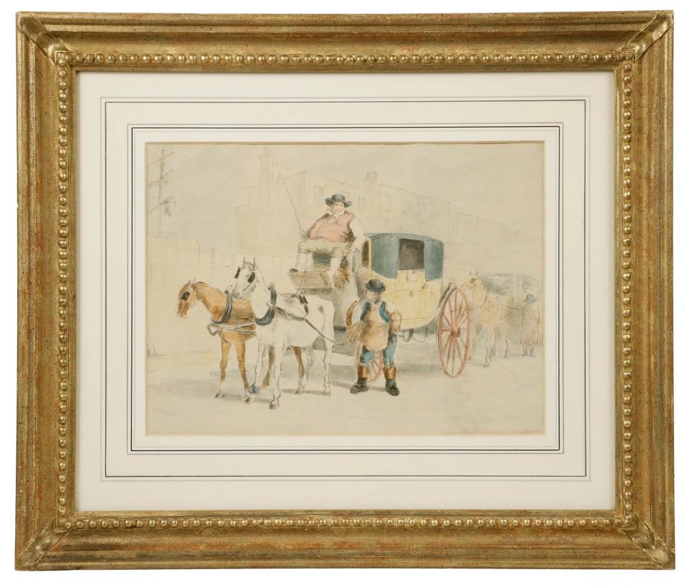 CHARLES COOPER HENDERSON (UK, 1803-1877): "Old Hackney Coach, London, 1825", ink and watercolor on paper, unsigned, titled and identified verso on old backing paper, in gilt cove beaded frame, French-lined mat, glazed, OS: 17" x 20", SS: 8 3/
