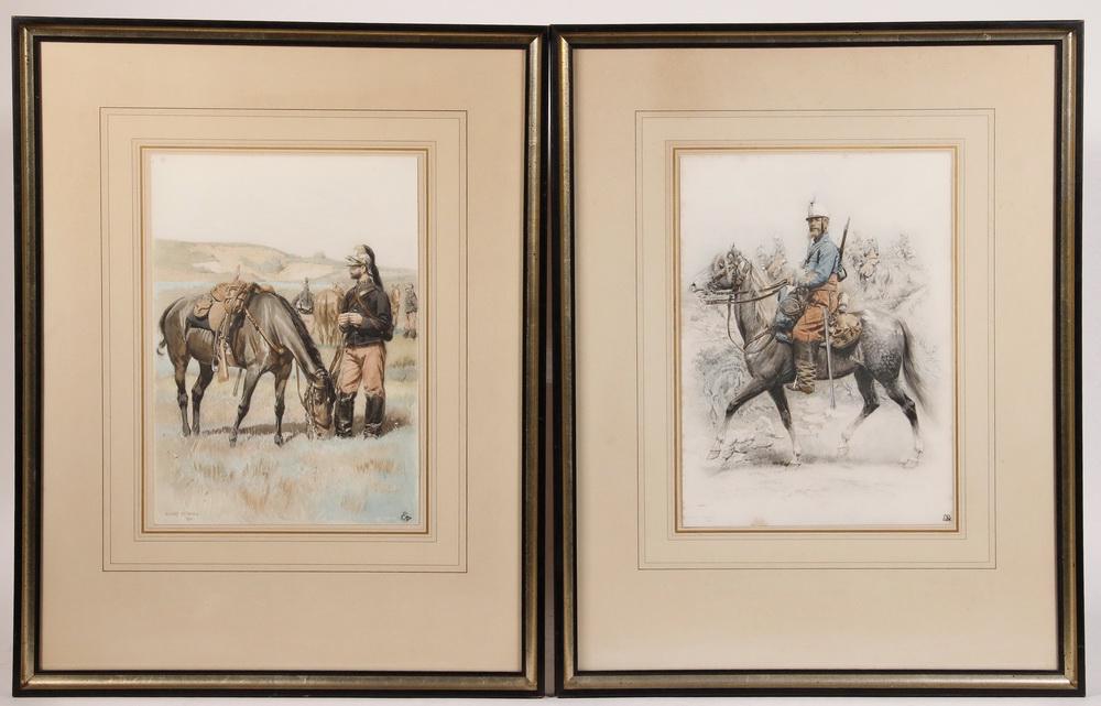 AFTER EDOUARD DETAILLE (FRANCE, 1848-1912): (2) Military Portraits: French Dragoons and Colonial Light Cavalry, circa 1880, hand colored etchings, signed in plate, in black and gold stick frames, matted and glazed, OS: 21" x 16 1/2", SS: 11 3/4